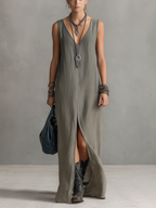 Women’s Casual Grey Cotton-Linen V-Neck Sleeveless Maxi Dress – Relaxed Everyday Essential