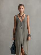 Women’s Casual Grey Cotton-Linen V-Neck Sleeveless Maxi Dress – Relaxed Everyday Essential