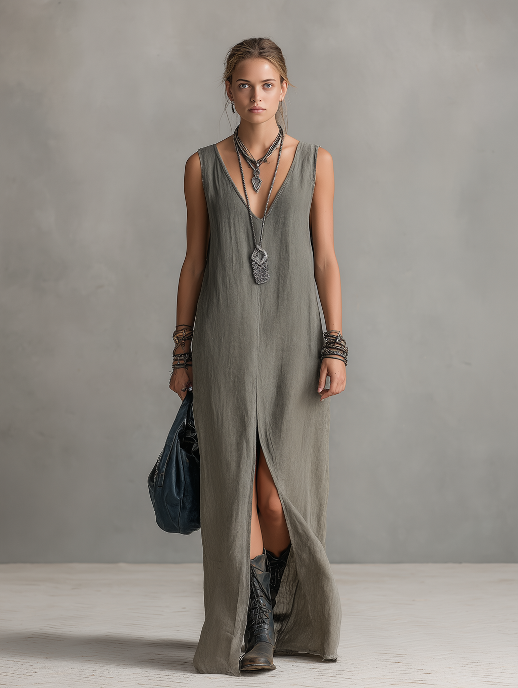 Women’s Casual Grey Cotton-Linen V-Neck Sleeveless Maxi Dress – Relaxed Everyday Essential