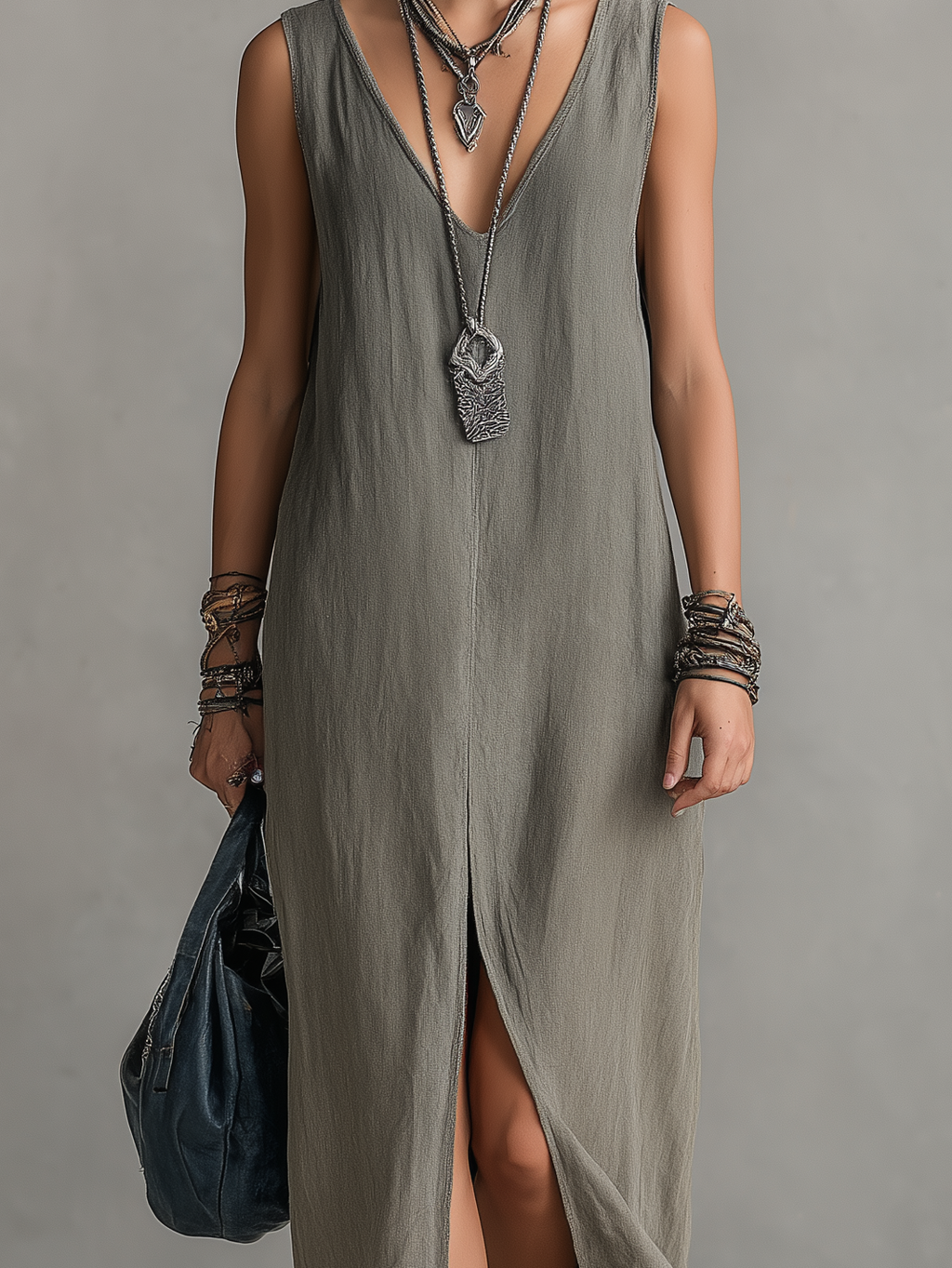 Women’s Casual Grey Cotton-Linen V-Neck Sleeveless Maxi Dress – Relaxed Everyday Essential
