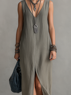 Women’s Casual Grey Cotton-Linen V-Neck Sleeveless Maxi Dress – Relaxed Everyday Essential