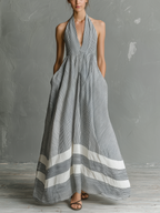 Women’s Grey & White Striped Halter Maxi Dress – Sleeveless Flowy Summer Dress