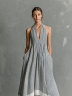 Women’s Grey & White Striped Halter Maxi Dress – Sleeveless Flowy Summer Dress