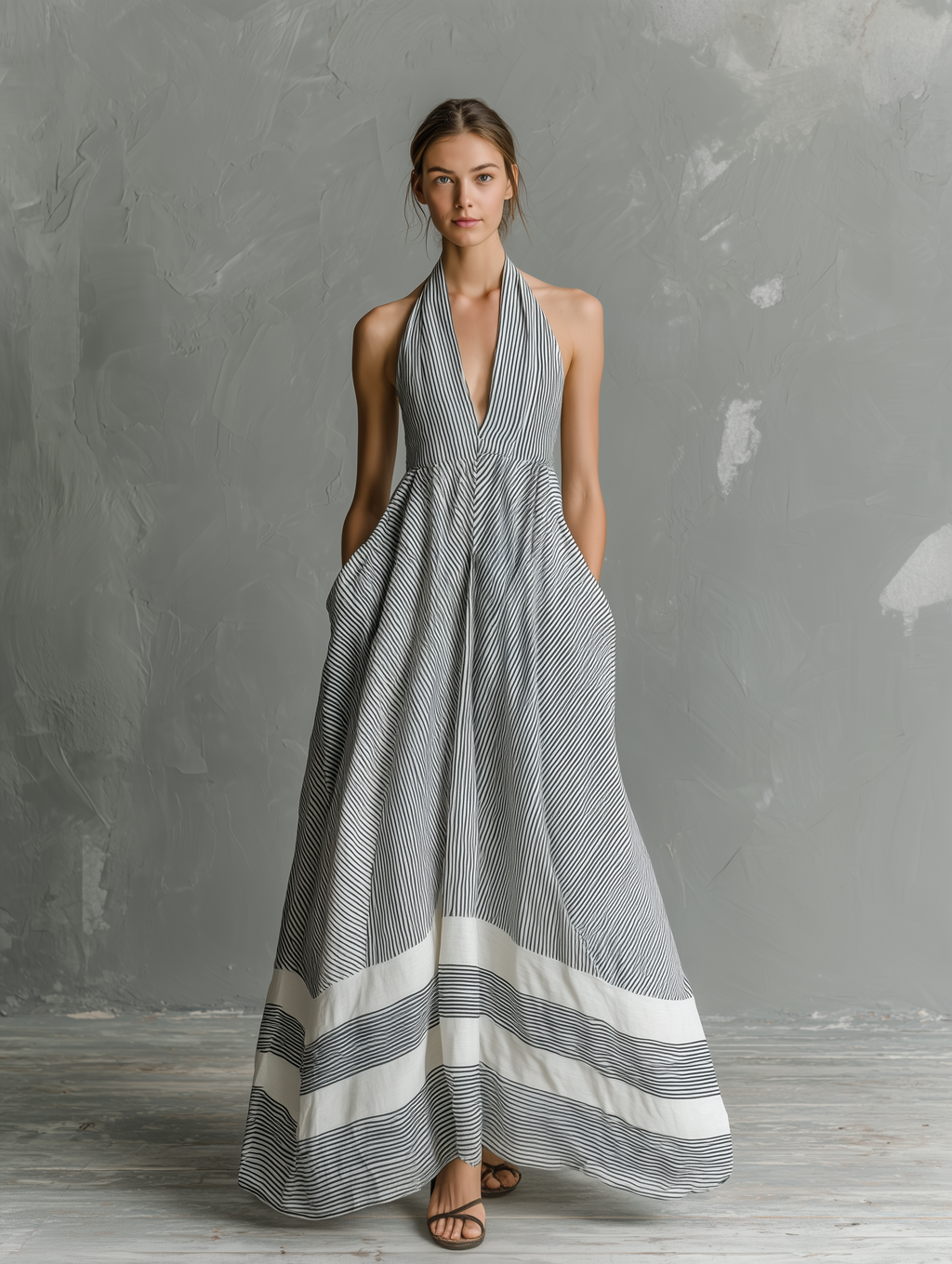 Women’s Grey & White Striped Halter Maxi Dress – Sleeveless Flowy Summer Dress