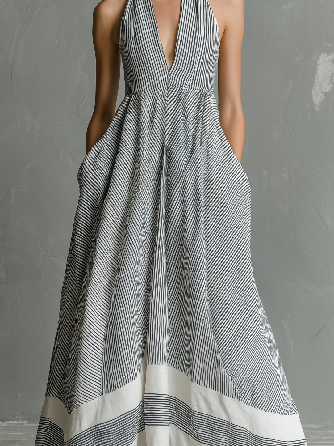 Women’s Grey & White Striped Halter Maxi Dress – Sleeveless Flowy Summer Dress