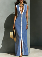 Women’s Casual Knitted Stretch Striped Sleeveless Maxi Dress – Relaxed Everyday Style