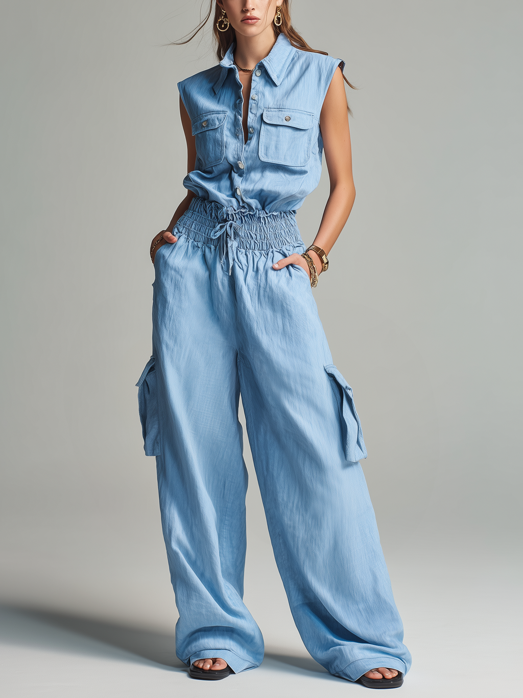 Women’s Light Blue Cotton-Linen Two-Piece Set — Sleeveless Top & Relaxed Trousers, Casual Summer Chic Outfit