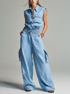 Women’s Light Blue Cotton-Linen Two-Piece Set — Sleeveless Top & Relaxed Trousers, Casual Summer Chic Outfit