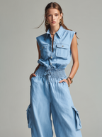 Women’s Light Blue Cotton-Linen Two-Piece Set — Sleeveless Top & Relaxed Trousers, Casual Summer Chic Outfit