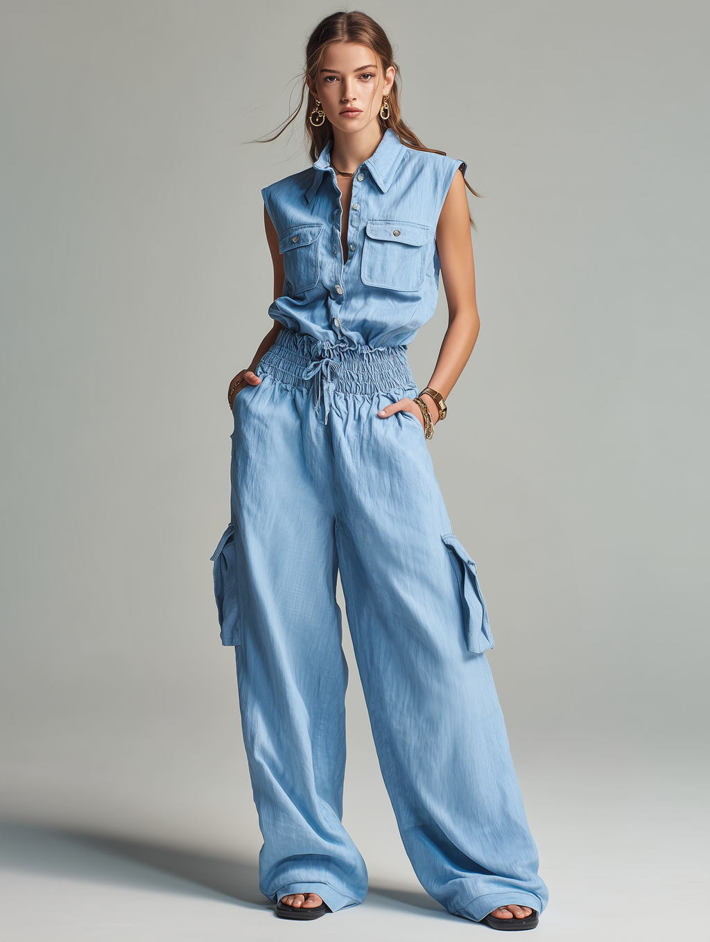 Women’s Light Blue Cotton-Linen Two-Piece Set — Sleeveless Top & Relaxed Trousers, Casual Summer Chic Outfit