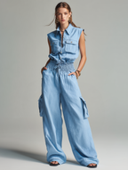 Women’s Light Blue Cotton-Linen Two-Piece Set — Sleeveless Top & Relaxed Trousers, Casual Summer Chic Outfit