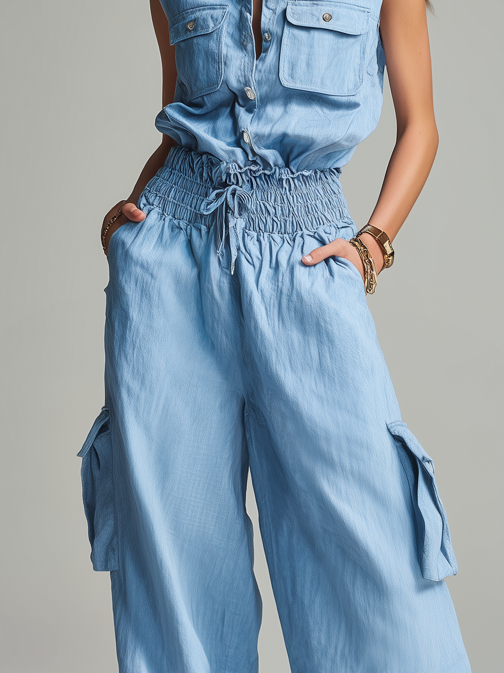 Women’s Light Blue Cotton-Linen Two-Piece Set — Sleeveless Top & Relaxed Trousers, Casual Summer Chic Outfit