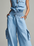 Women’s Light Blue Cotton-Linen Two-Piece Set — Sleeveless Top & Relaxed Trousers, Casual Summer Chic Outfit