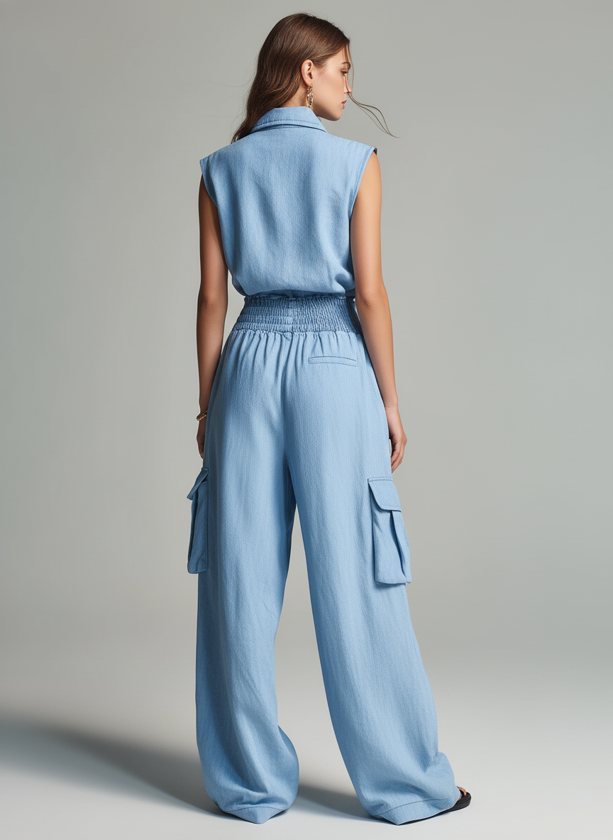 Women’s Light Blue Cotton-Linen Two-Piece Set — Sleeveless Top & Relaxed Trousers, Casual Summer Chic Outfit