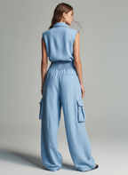 Women’s Light Blue Cotton-Linen Two-Piece Set — Sleeveless Top & Relaxed Trousers, Casual Summer Chic Outfit