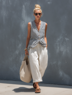 Women's Casual Striped Woven Sleeveless Vest Paired With White Cotton And Linen Trousers Set MDZ2815B5AN