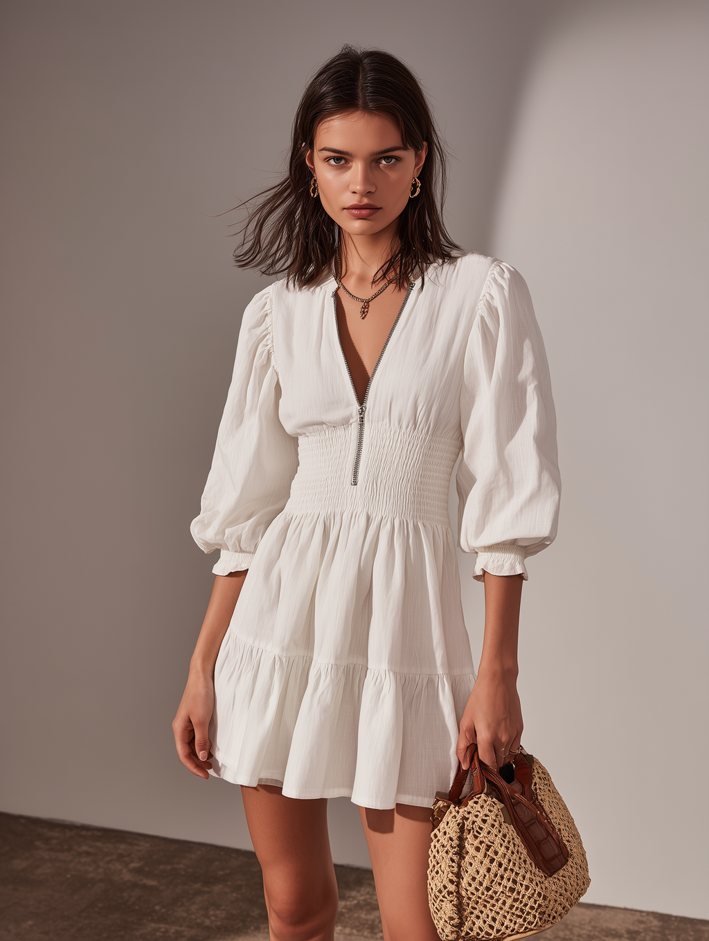 Women’s White Cotton Linen Mini Dress – Round Neck Short Sleeve Casual Summer Dress