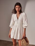 Women’s White Cotton Linen Mini Dress – Round Neck Short Sleeve Casual Summer Dress