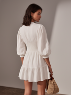 Women’s White Cotton Linen Mini Dress – Round Neck Short Sleeve Casual Summer Dress