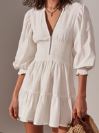 Women’s White Cotton Linen Mini Dress – Round Neck Short Sleeve Casual Summer Dress