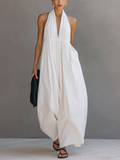 Women’s White Cotton-Linen Blend Halter Neck Sleeveless Jumpsuit – Relaxed Fit Summer Vacation One-Piece Outfit