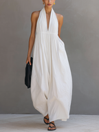 Women’s White Cotton-Linen Blend Halter Neck Sleeveless Jumpsuit – Relaxed Fit Summer Vacation One-Piece Outfit