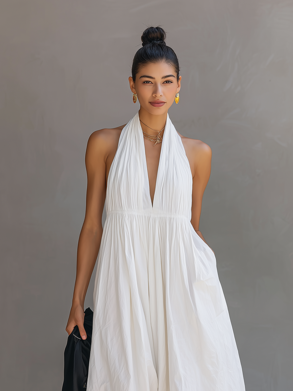 Women’s White Cotton-Linen Blend Halter Neck Sleeveless Jumpsuit – Relaxed Fit Summer Vacation One-Piece Outfit