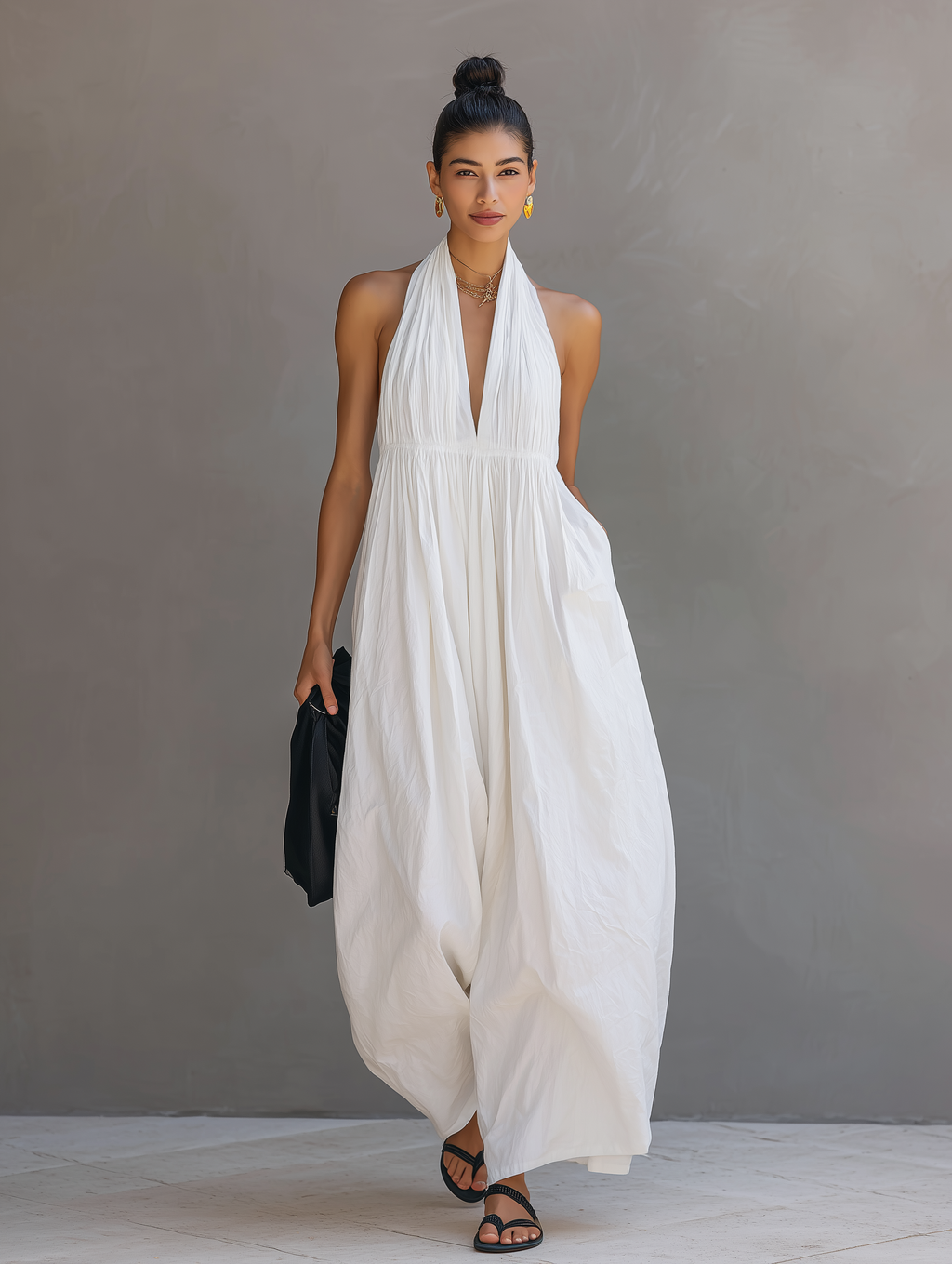 Women’s White Cotton-Linen Blend Halter Neck Sleeveless Jumpsuit – Relaxed Fit Summer Vacation One-Piece Outfit
