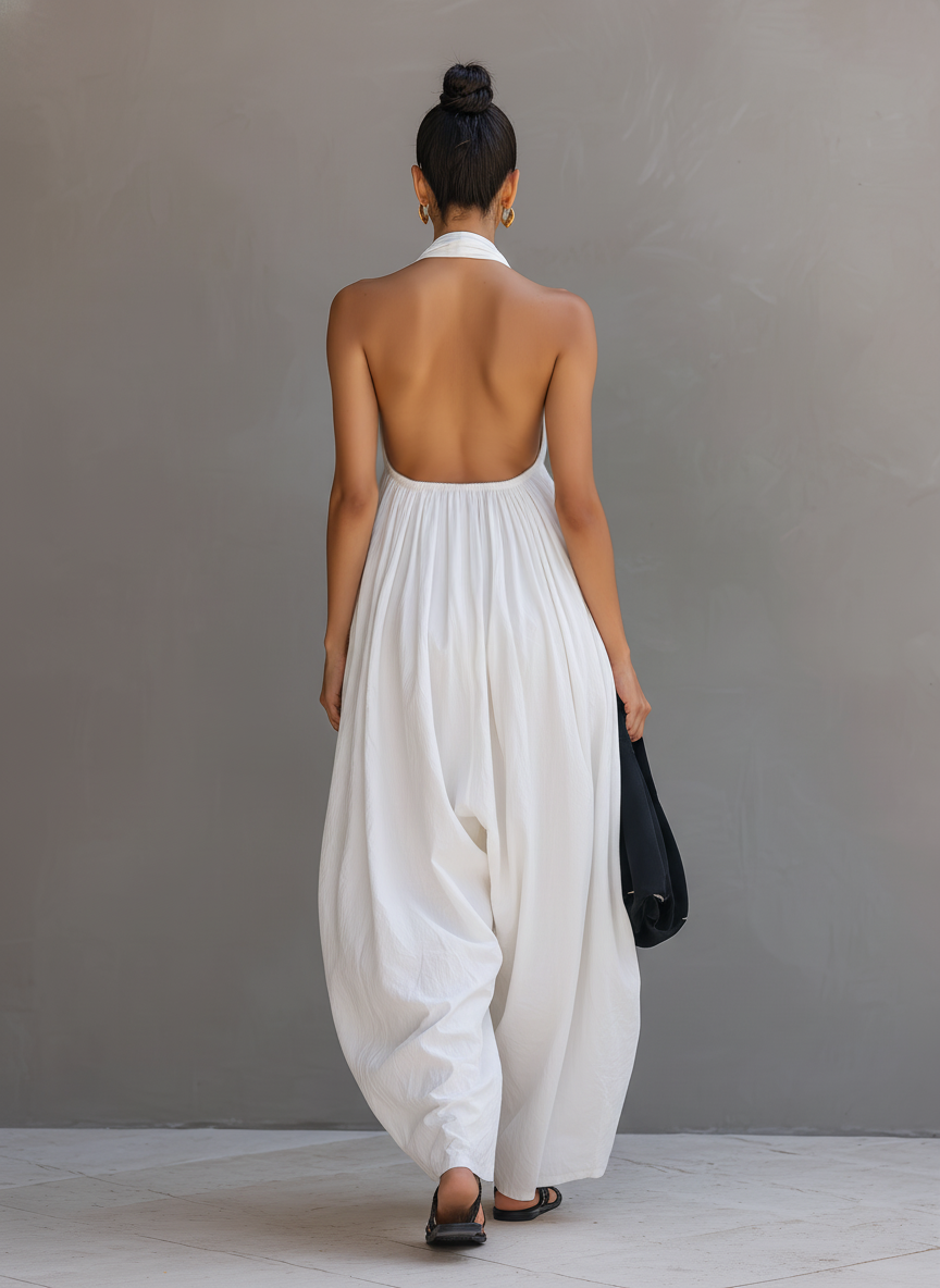 Women’s White Cotton-Linen Blend Halter Neck Sleeveless Jumpsuit – Relaxed Fit Summer Vacation One-Piece Outfit