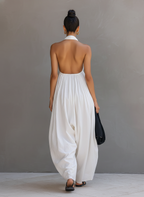 Women’s White Cotton-Linen Blend Halter Neck Sleeveless Jumpsuit – Relaxed Fit Summer Vacation One-Piece Outfit