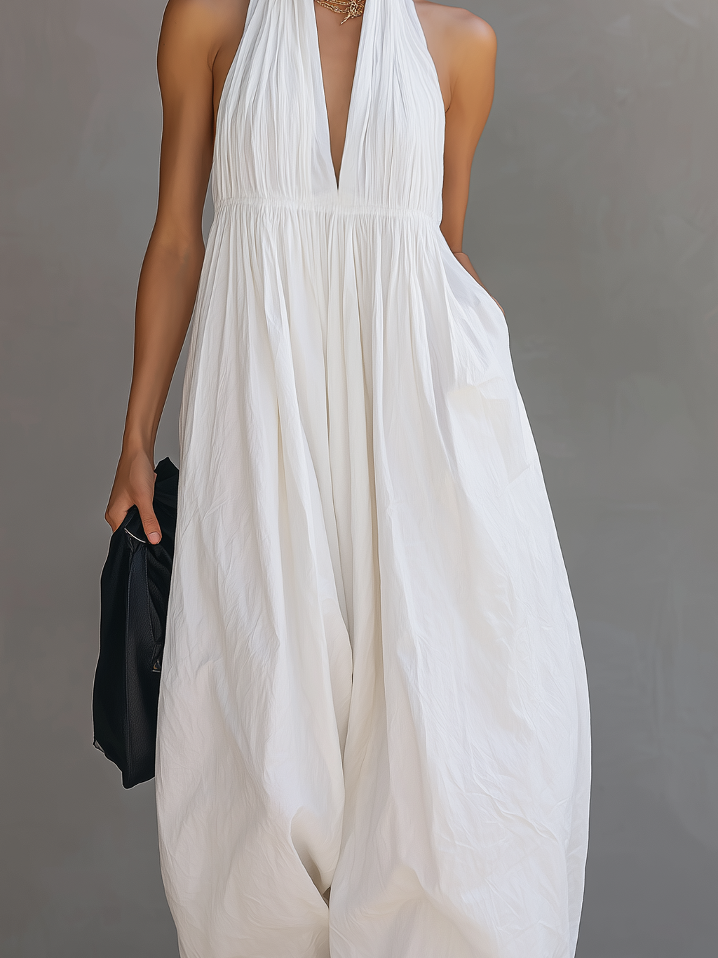 Women’s White Cotton-Linen Blend Halter Neck Sleeveless Jumpsuit – Relaxed Fit Summer Vacation One-Piece Outfit