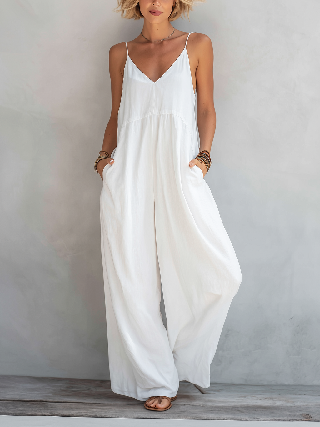 Women’s White Cotton-Linen Blend Sleeveless Loose Jumpsuit – Casual Relaxed Fit Summer One-Piece Outfit