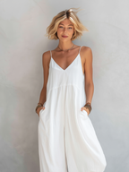 Women’s White Cotton-Linen Blend Sleeveless Loose Jumpsuit – Casual Relaxed Fit Summer One-Piece Outfit