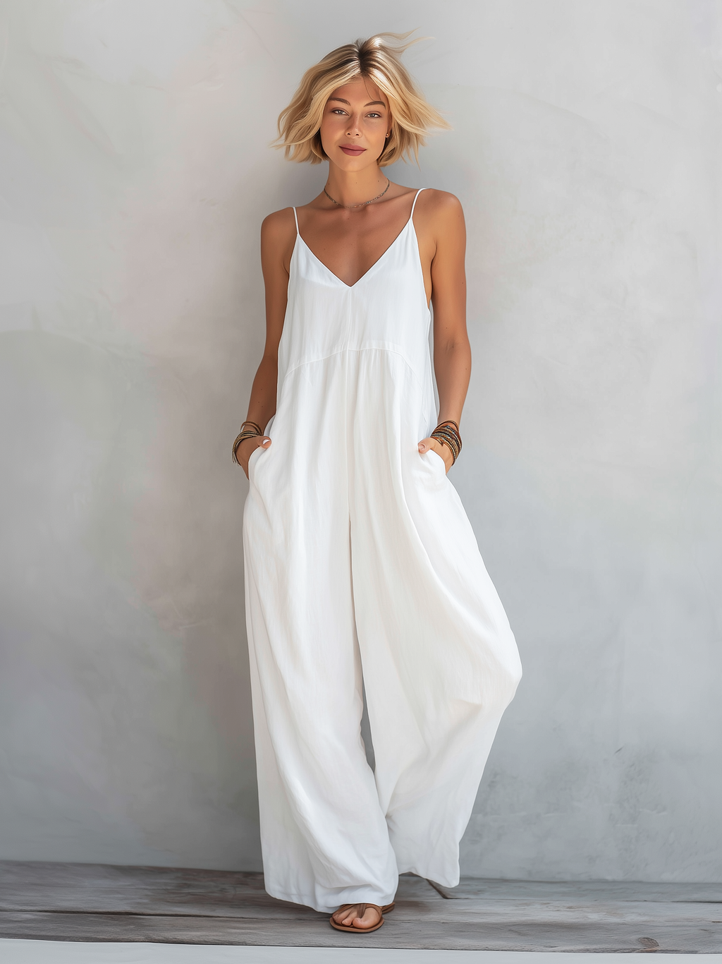 Women’s White Cotton-Linen Blend Sleeveless Loose Jumpsuit – Casual Relaxed Fit Summer One-Piece Outfit