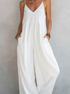Women’s White Cotton-Linen Blend Sleeveless Loose Jumpsuit – Casual Relaxed Fit Summer One-Piece Outfit