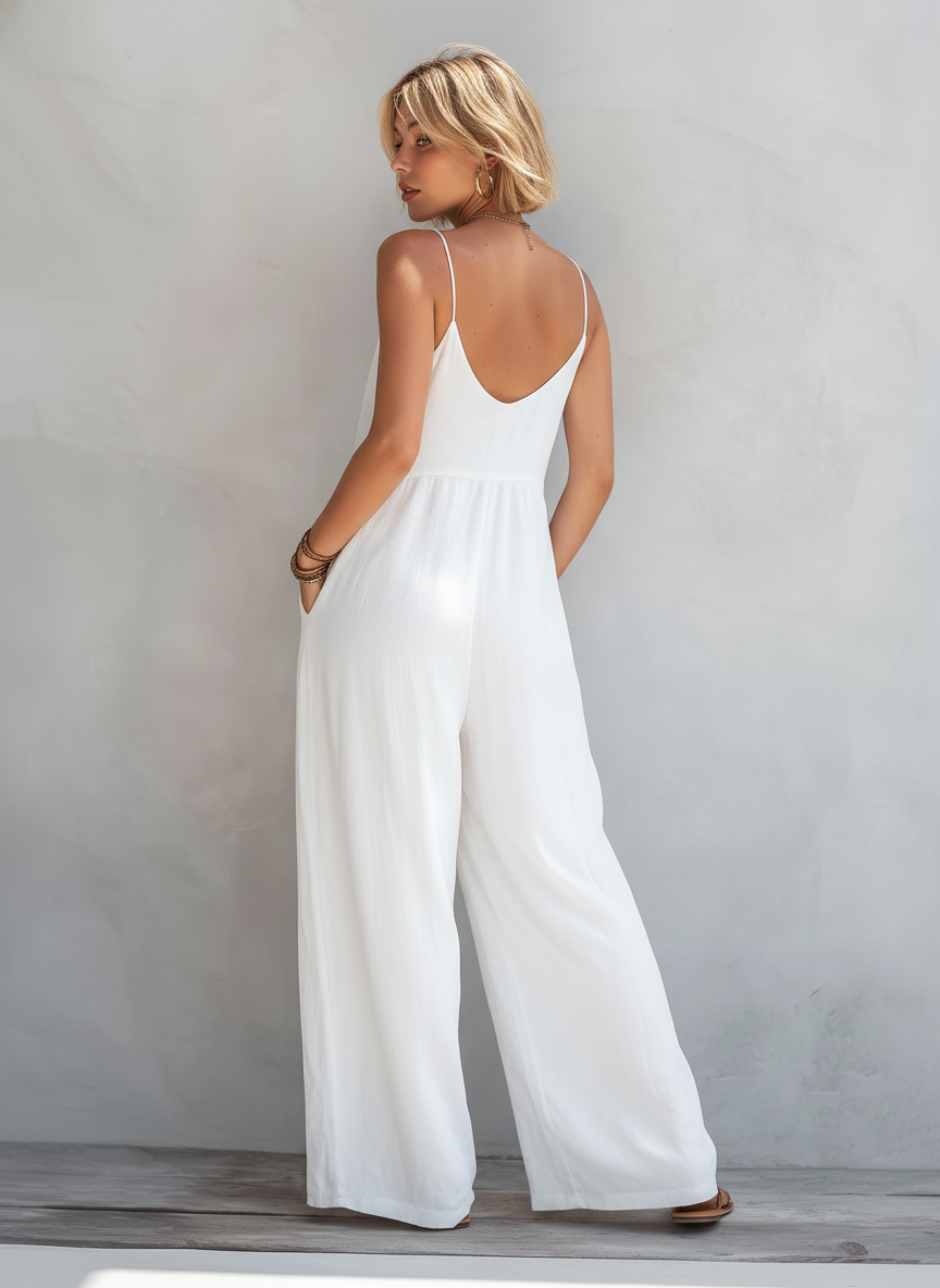 Women’s White Cotton-Linen Blend Sleeveless Loose Jumpsuit – Casual Relaxed Fit Summer One-Piece Outfit
