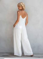 Women’s White Cotton-Linen Blend Sleeveless Loose Jumpsuit – Casual Relaxed Fit Summer One-Piece Outfit