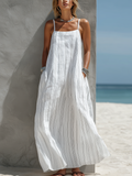 Women’s White Vertical Striped Woven Sleeveless Long Dress – Casual Loose Fit Summer Maxi Dress