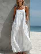 Women’s White Vertical Striped Woven Sleeveless Long Dress – Casual Loose Fit Summer Maxi Dress