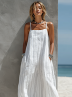 Women’s White Vertical Striped Woven Sleeveless Long Dress – Casual Loose Fit Summer Maxi Dress