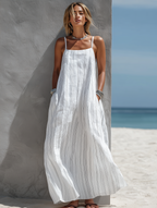 Women’s White Vertical Striped Woven Sleeveless Long Dress – Casual Loose Fit Summer Maxi Dress