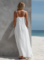 Women’s White Vertical Striped Woven Sleeveless Long Dress – Casual Loose Fit Summer Maxi Dress
