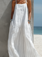 Women’s White Vertical Striped Woven Sleeveless Long Dress – Casual Loose Fit Summer Maxi Dress