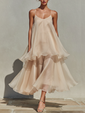 Women’s Champagne Chiffon Spaghetti-Strap Midi Dress with Layered Ruffle Hem – Romantic Resort Style