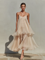 Women’s Champagne Chiffon Spaghetti Strap Midi Dress with Layered Ruffle Hem – Romantic Resort Style