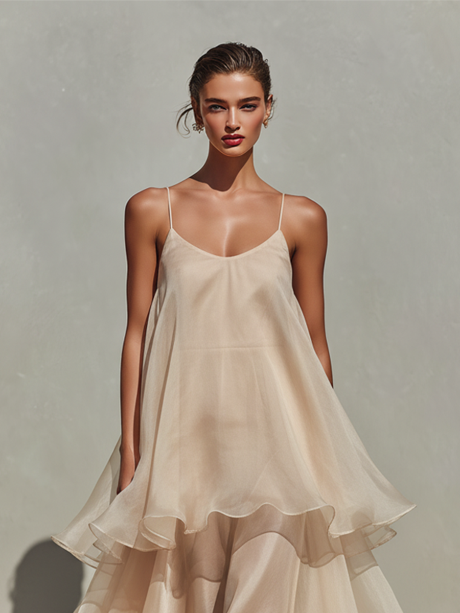 Women’s Champagne Chiffon Spaghetti-Strap Midi Dress with Layered Ruffle Hem – Romantic Resort Style
