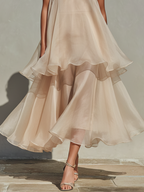 Women’s Champagne Chiffon Spaghetti Strap Midi Dress with Layered Ruffle Hem – Romantic Resort Style