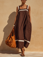 Women’s Chocolate Brown Linen-Blend Square Neck Contrast Stripe Sleeveless Maxi Dress MDZ0274D6T