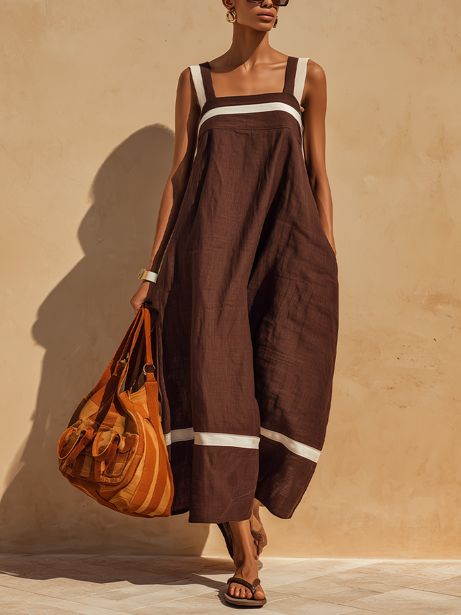Women’s Chocolate Brown Linen-Blend Square Neck Contrast Stripe Sleeveless Maxi Dress MDZ0274D6T