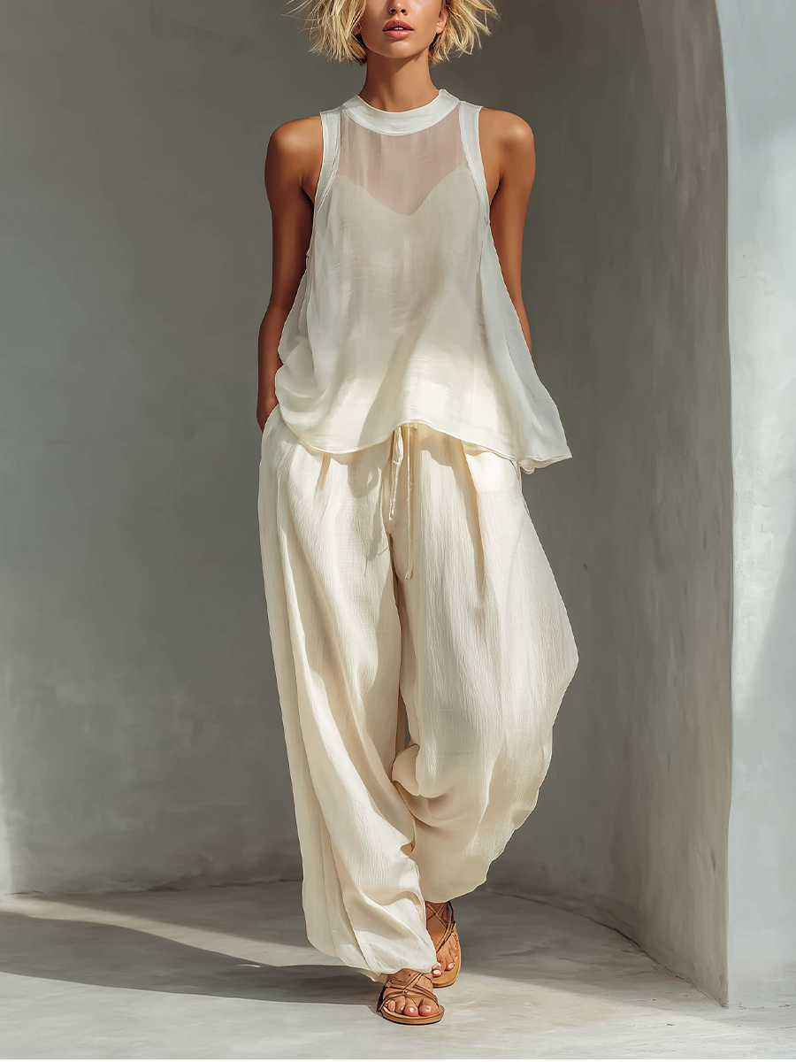 Women’s Cream Two-Piece Set – Semi-Sheer Chiffon Top with Cotton Linen Wide-Leg Pants